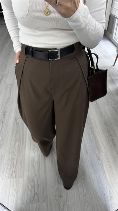 Kemerli Kahverengi Tasarım Pantolon