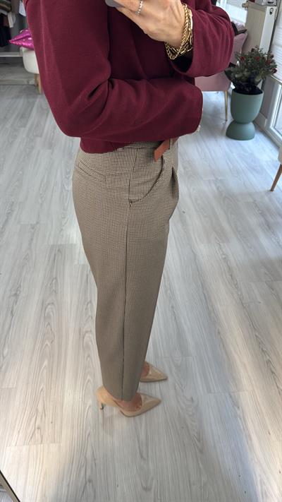 Kemerli Kaz Ayağı Desenli Pantolon