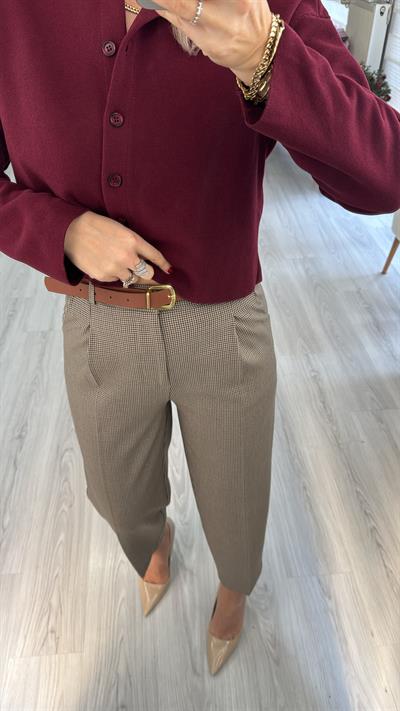 Kemerli Kaz Ayağı Desenli Pantolon