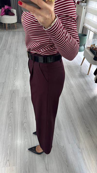 Kemerli Likralı Krep Kumaş Premium Bordo Pantolon