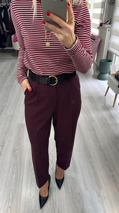 Kemerli Likralı Krep Kumaş Premium Bordo Pantolon
