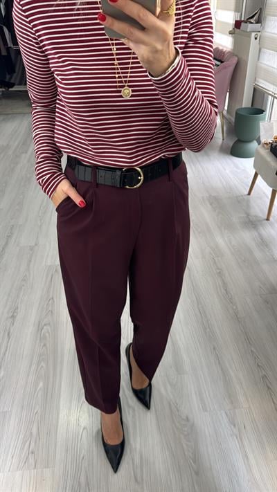 Kemerli Likralı Krep Kumaş Premium Bordo Pantolon