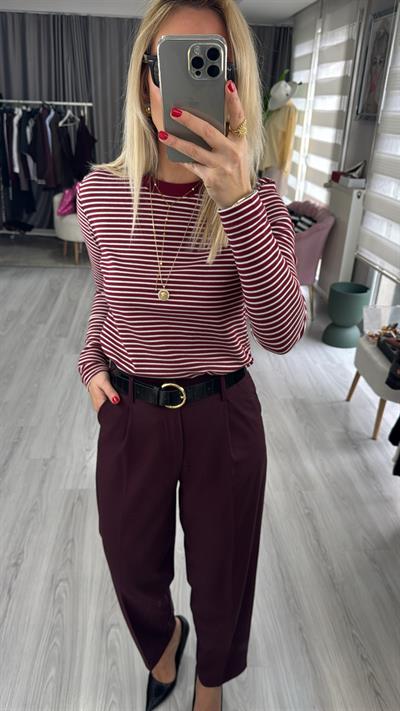 Kemerli Likralı Krep Kumaş Premium Bordo Pantolon