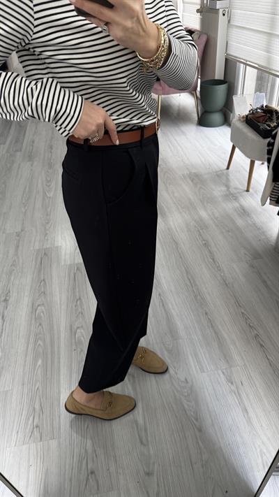 Kemerli Likralı Krep Kumaş Premium Siyah Pantolon