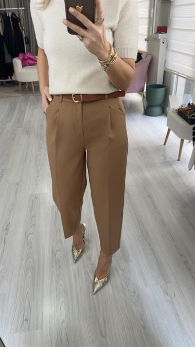 Kemerli Likralı Krep Kumaş Premium Sütlü Kahve Pantolon