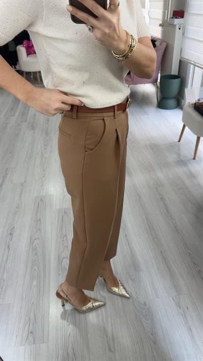 Kemerli Likralı Krep Kumaş Premium Sütlü Kahve Pantolon