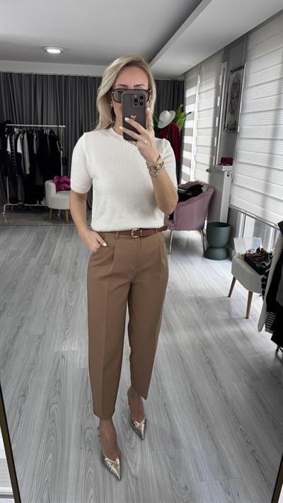 Kemerli Likralı Krep Kumaş Premium Sütlü Kahve Pantolon
