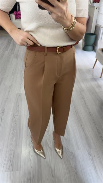 Kemerli Likralı Krep Kumaş Premium Sütlü Kahve Pantolon