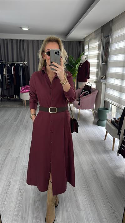 Kemerli Tensel Kumaş Bordo Gömlek Elbise