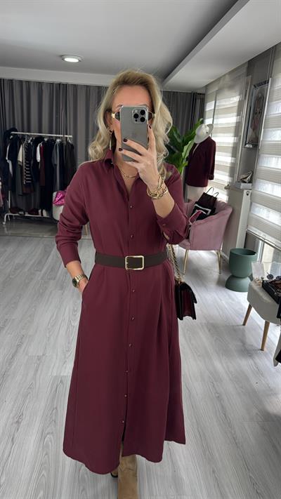 Kemerli Tensel Kumaş Bordo Gömlek Elbise