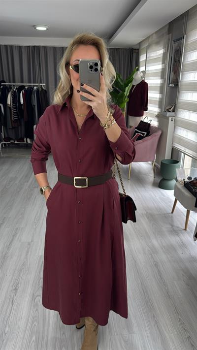 Kemerli Tensel Kumaş Bordo Gömlek Elbise