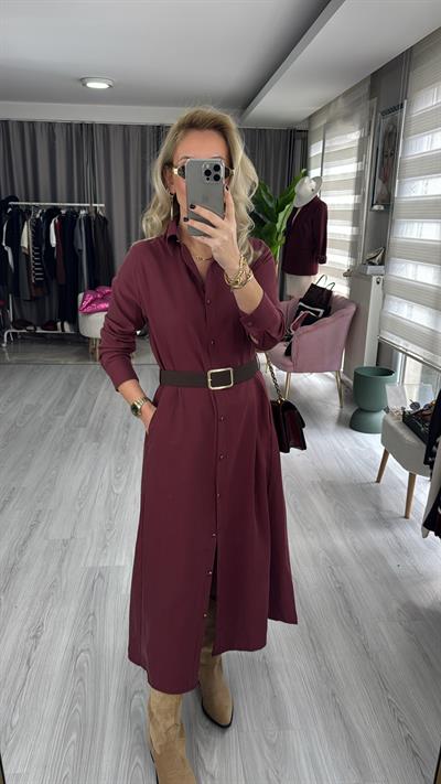 Kemerli Tensel Kumaş Bordo Gömlek Elbise