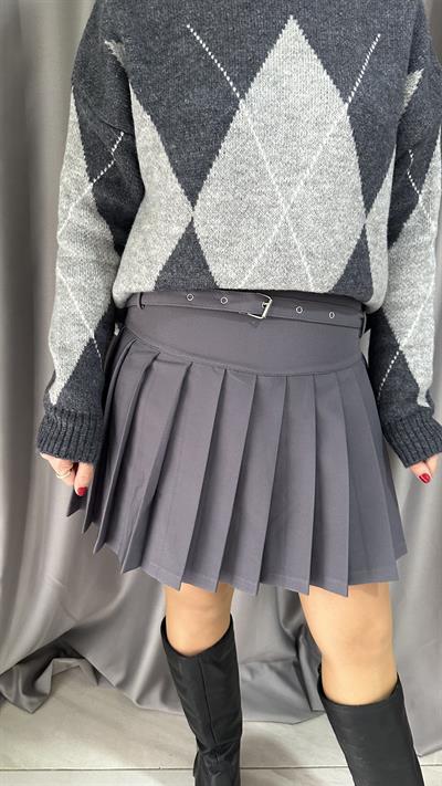 KEMERLİ PİLİSELİ GRİ ETEK