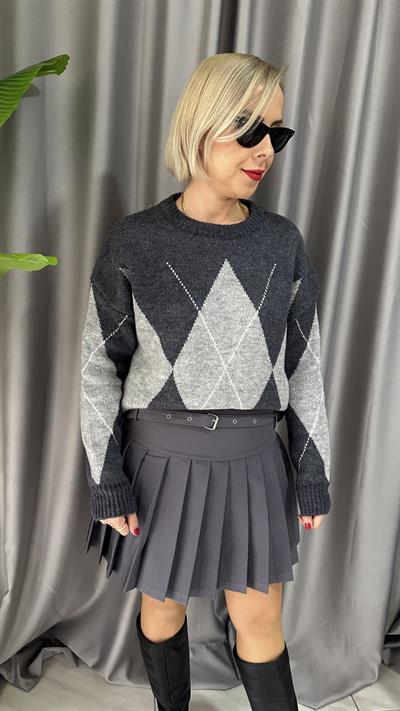 KEMERLİ PİLİSELİ GRİ ETEK