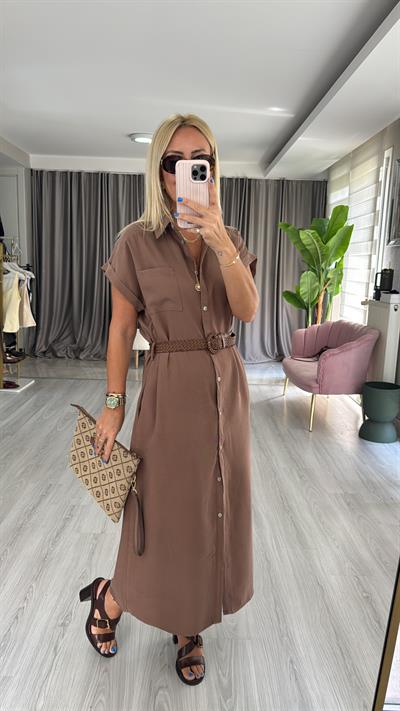 Kemerli Tencel Açık Kahve Gömlek Elbise