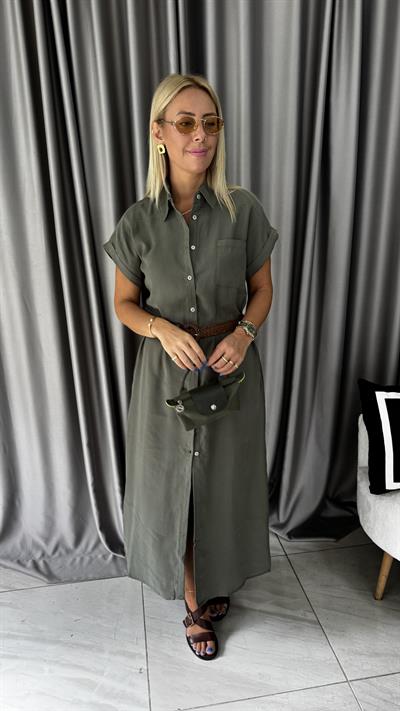 Kemerli Tencel Haki Gömlek Elbise