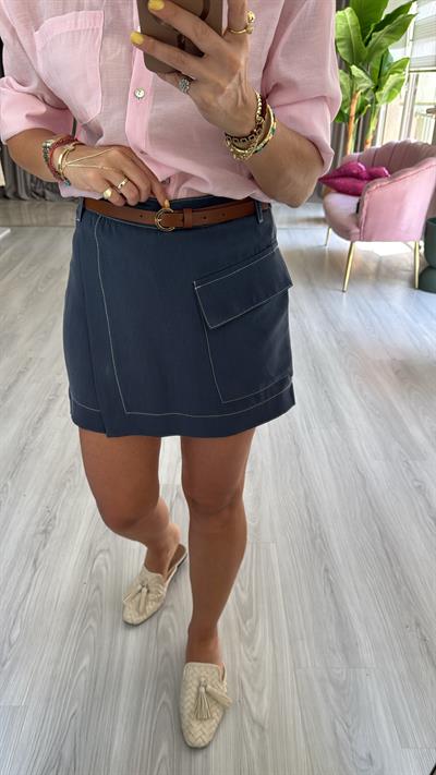 Kemerli Tencel İndigo Şort Etek