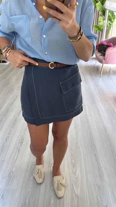 Kemerli Tencel İndigo Şort Etek
