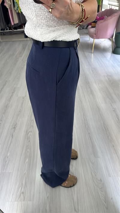 Kemerli Tencel Kumaş Lacivert Pantolon