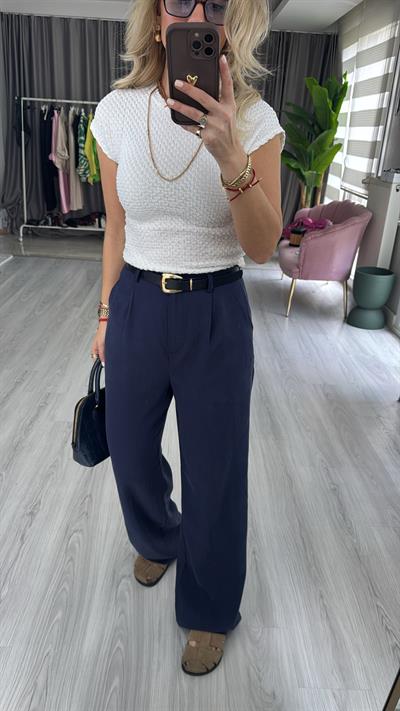 Kemerli Tencel Kumaş Lacivert Pantolon