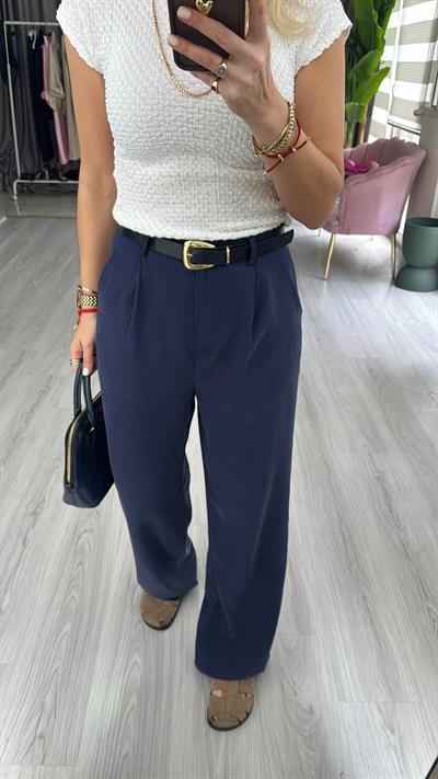 Kemerli Tencel Kumaş Lacivert Pantolon