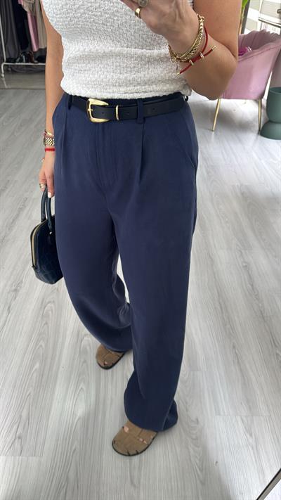 Kemerli Tencel Kumaş Lacivert Pantolon