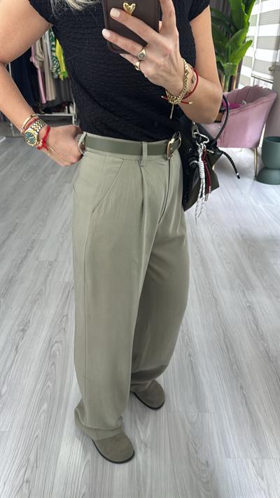 Kemerli Tencel Kumaş Yeşil Pantolon