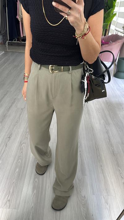 Kemerli Tencel Kumaş Yeşil Pantolon