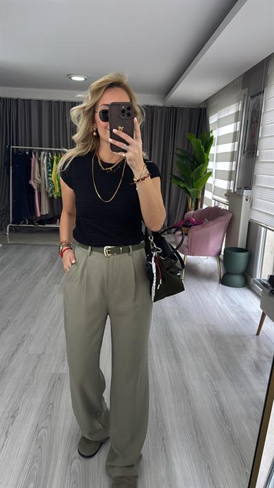 Kemerli Tencel Kumaş Yeşil Pantolon