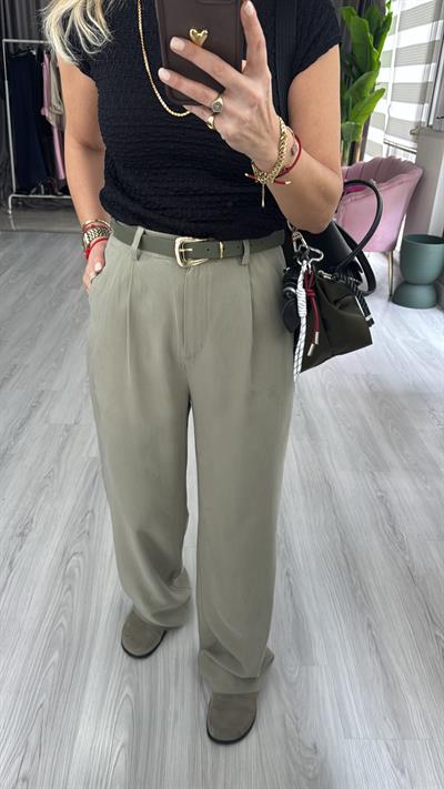 Kemerli Tencel Kumaş Yeşil Pantolon