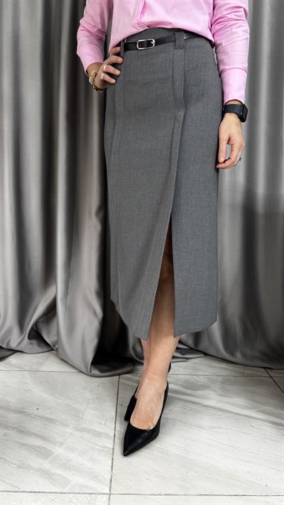 Önden Yırtmaçlı Gri Midi Etek