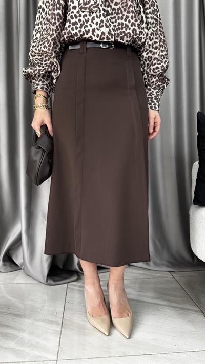 Önden Yırtmaçlı Kahverengi Midi Etek