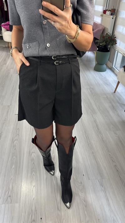 Kemerli Yüksek Bel Antrasit Dilvin Şort
