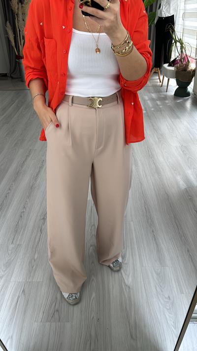 KEMERLİ YÜKSEK BEL BEJ PALAZZO PANTOLON