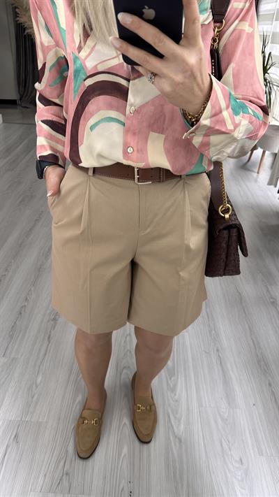 KEMERLİ YÜKSEK BEL BERMUDA BEJ ŞORT