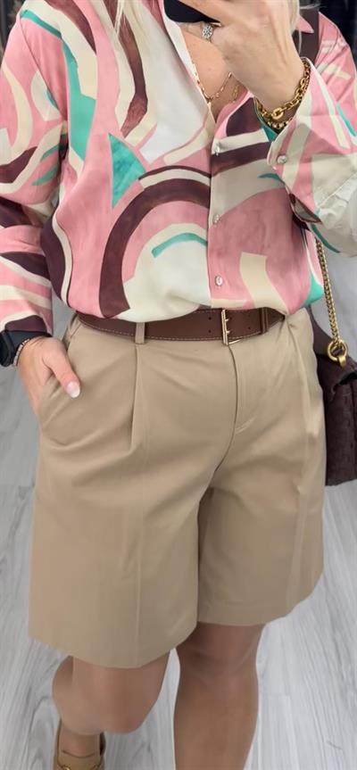 KEMERLİ YÜKSEK BEL BERMUDA BEJ ŞORT