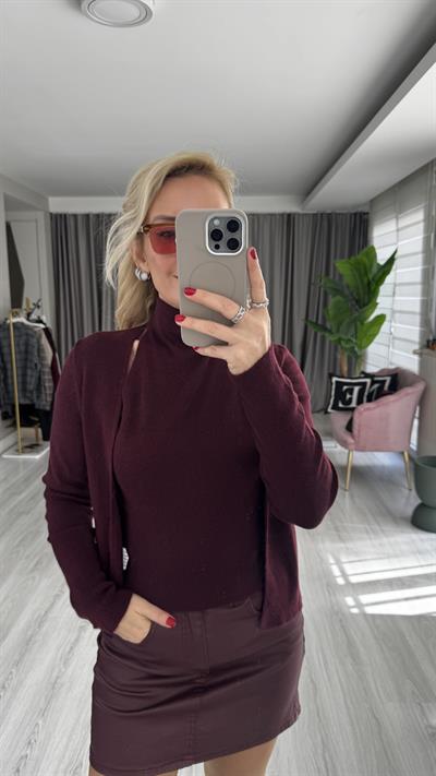 Kendinden Balıkçı Yaka Bordo Triko Hırka