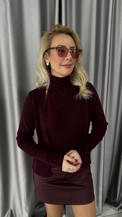 Kendinden Balıkçı Yaka Bordo Triko Hırka