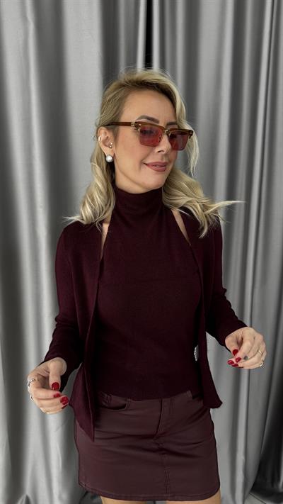 Kendinden Balıkçı Yaka Bordo Triko Hırka