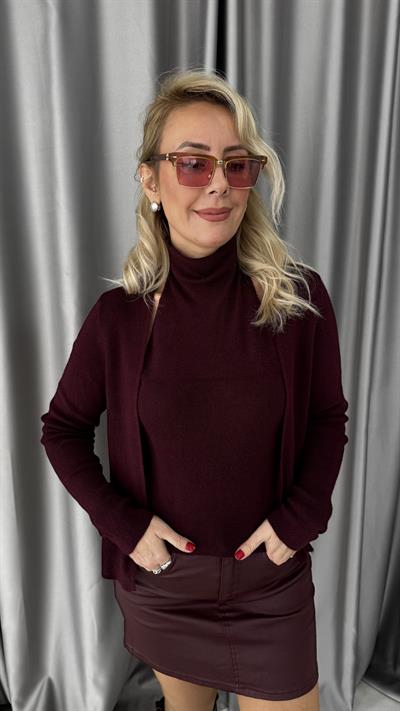 Kendinden Balıkçı Yaka Bordo Triko Hırka