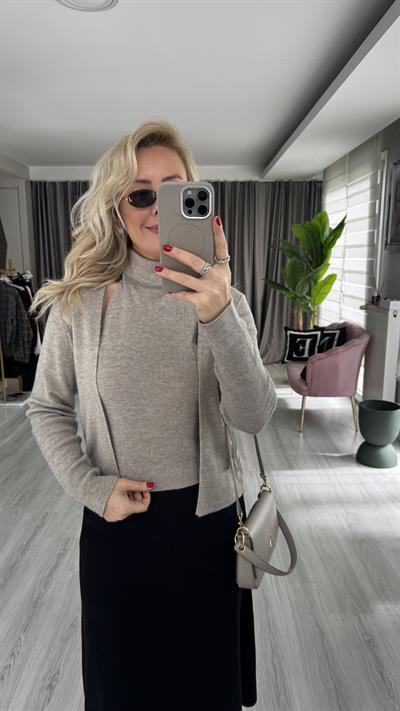 Kendinden Balıkçı Yaka Vizon Triko Hırka