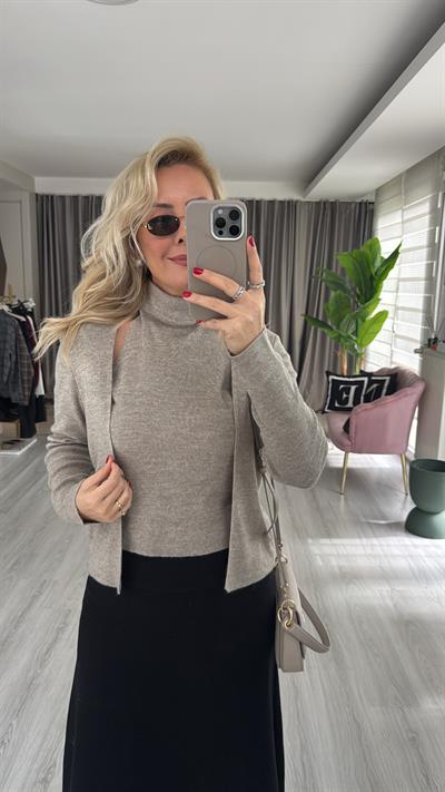 Kendinden Balıkçı Yaka Vizon Triko Hırka