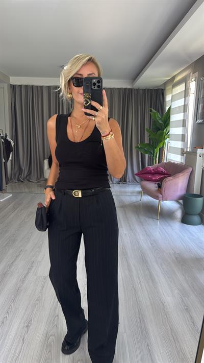 Kendinden Çizgili Beli Lastikli Siyah Palazzo Pantolon