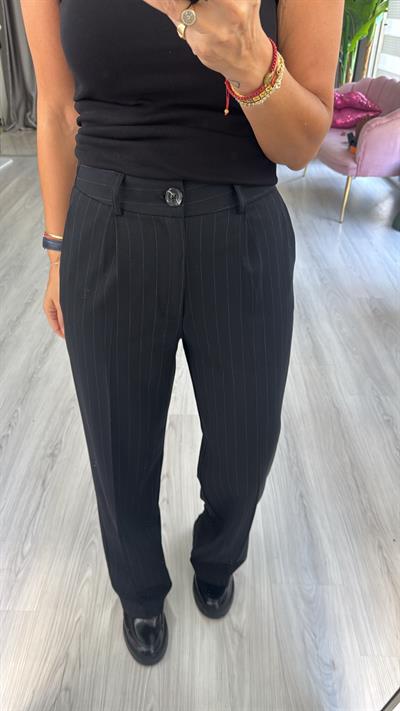 Kendinden Çizgili Beli Lastikli Siyah Palazzo Pantolon