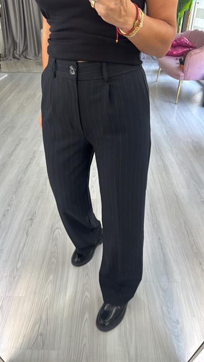 Kendinden Çizgili Beli Lastikli Siyah Palazzo Pantolon