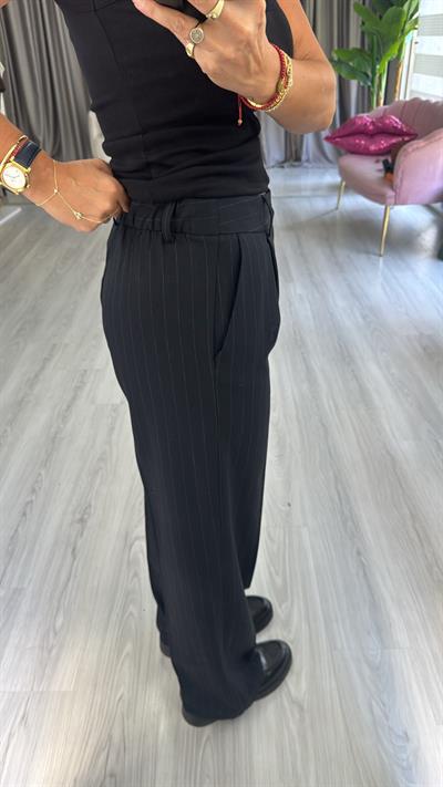 Kendinden Çizgili Beli Lastikli Siyah Palazzo Pantolon