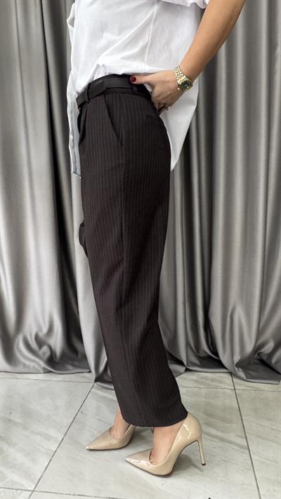 Kendinden Çizgili Kahverengi Pantolon