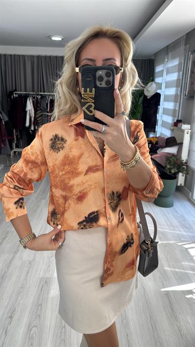 Kendinden Desenli Orange Saten Gömlek