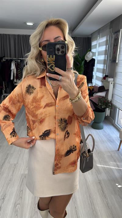 Kendinden Desenli Orange Saten Gömlek