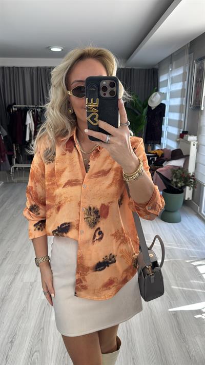 Kendinden Desenli Orange Saten Gömlek